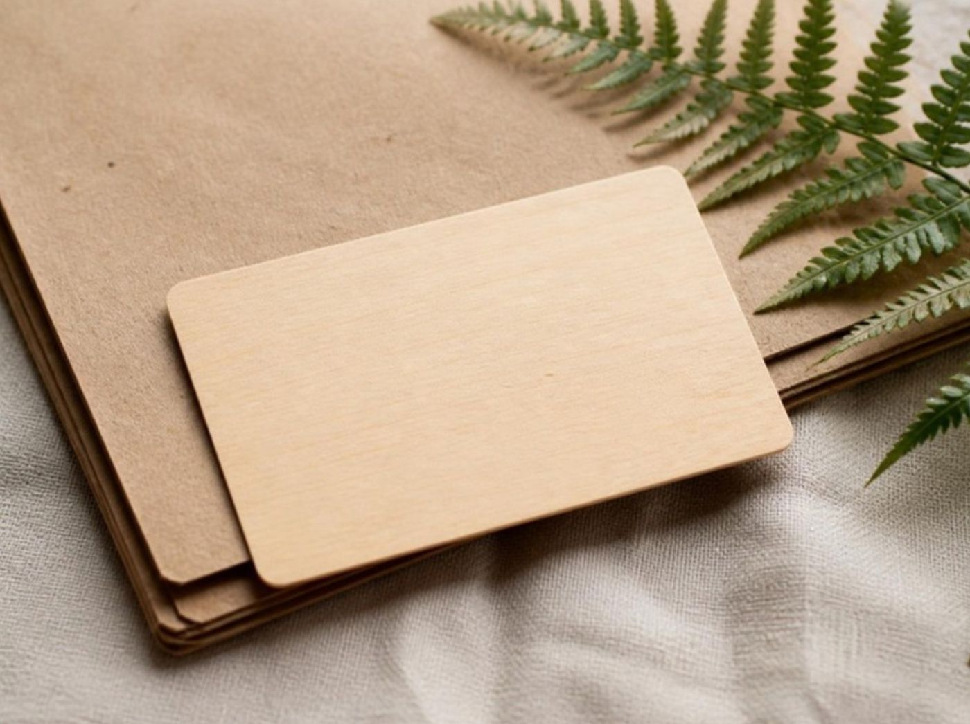 Visuel provisoire : Carte en bois clair posée sur du papier kraft, à côté d'une fougère