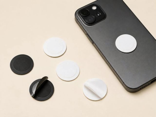 Visuel provisoire : Tags RFID adhésifs ronds blancs et noirs, dont un collé au dos d'un smartphone