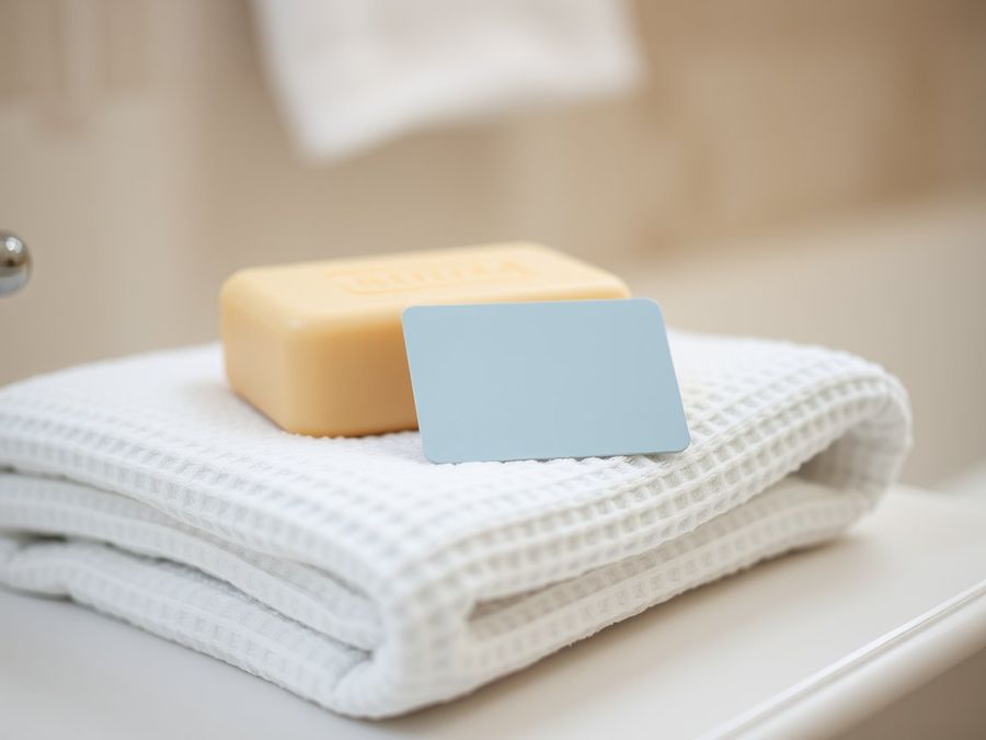 Visuel provisoire : Carte-clé bleu pâle sur une serviette blanche, à côté d'un savon