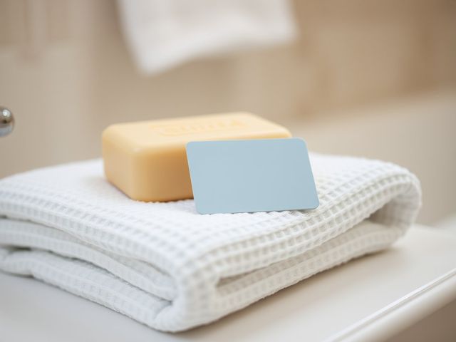 Visuel provisoire : Carte-clé bleu pâle sur une serviette blanche, à côté d'un savon