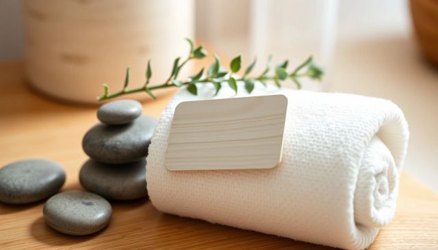 Visuel provisoire : Carte-clé en bois clair sur une serviette roulée, à côté de galets de spa