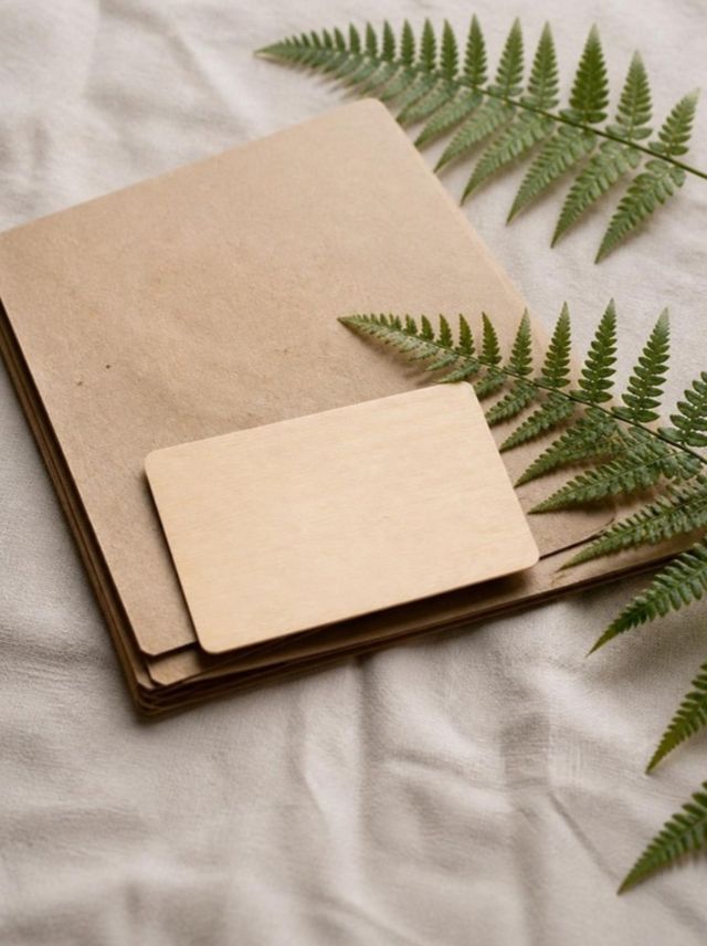 Visuel provisoire : Carte en bois clair posée sur du papier kraft, à côté d'une fougère