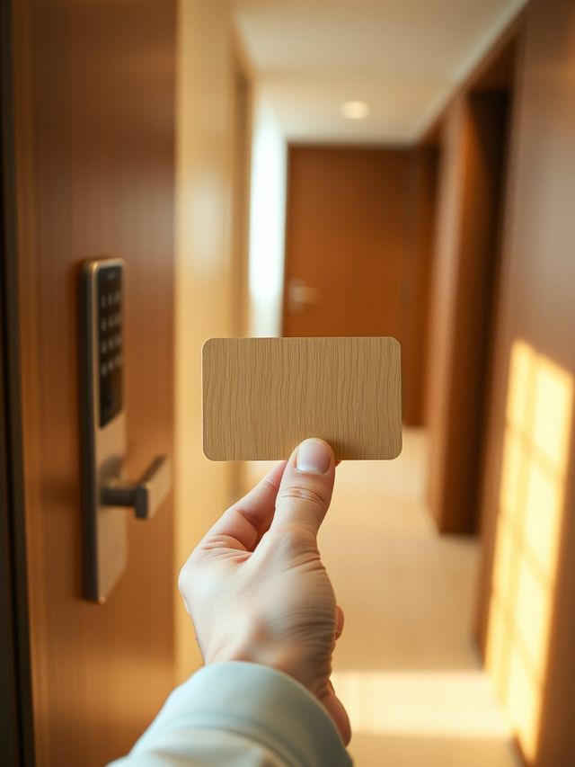 Visuel provisoire : Une main présente une carte-clé en bois devant une serrure électronique