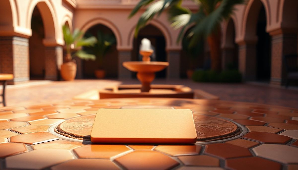 Visuel provisoire : Carte-clé orange posée sur un sol de zellige dans un patio