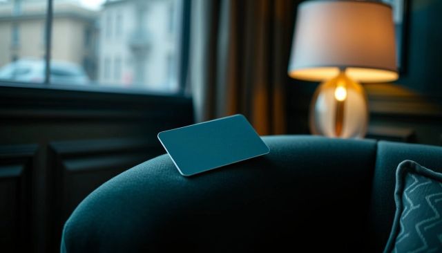 Visuel provisoire : Carte-clé bleu canard sur un fauteuil en velours dans un hôtel de ville