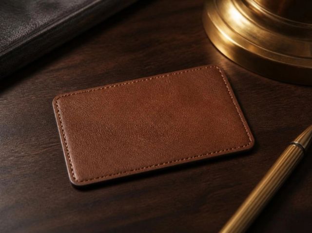 Visuel provisoire : Carte en simili cuir cognac sur un bureau en noyer