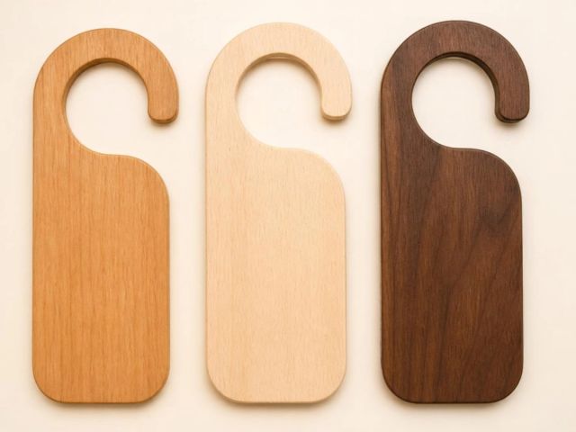 Visuel provisoire : Trois accroche-portes en bois clair, naturel et foncé, posés côte à côte sur fond crème