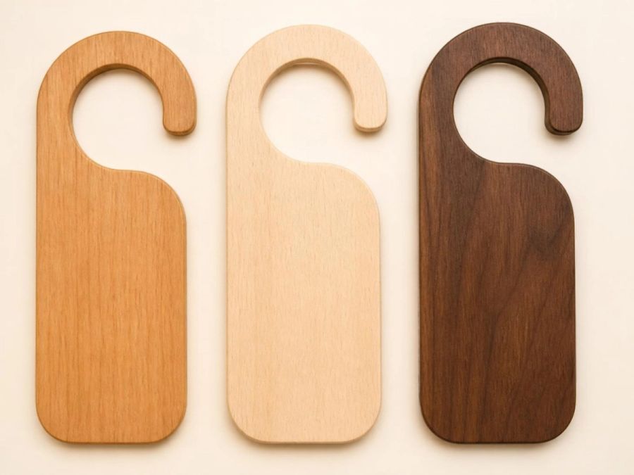 Visuel provisoire : Trois accroche-portes en bois clair, naturel et foncé, posés côte à côte sur fond crème