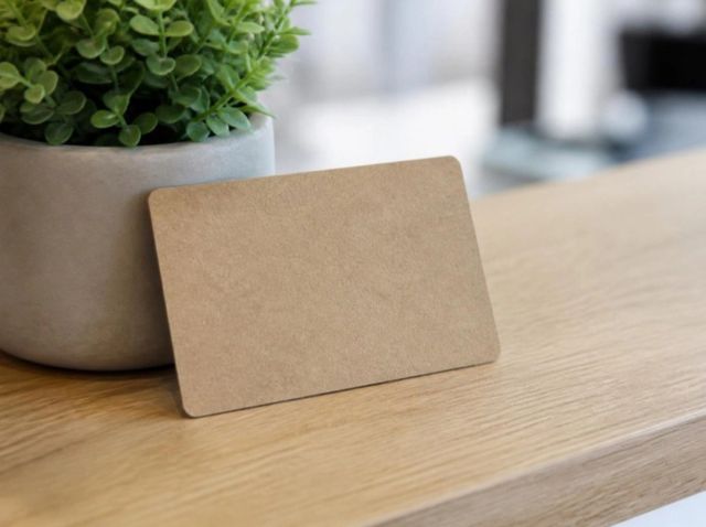 Visuel provisoire : Carte en carton kraft posée sur un comptoir en bois clair