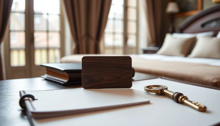 Visuel provisoire : Carte-clé en bois foncé sur un bureau de chambre d'hôtel, avec une clé en laiton