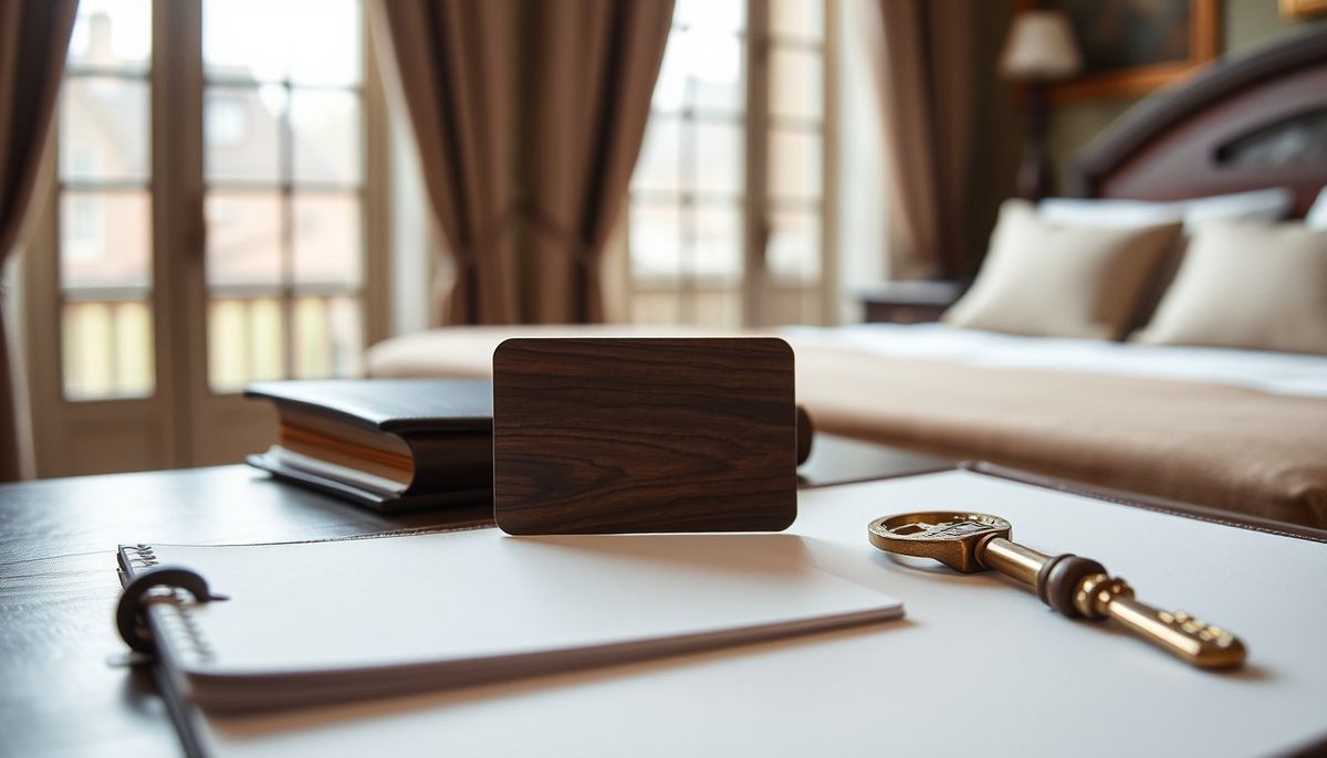 Visuel provisoire : Carte-clé en bois foncé sur un bureau de chambre d'hôtel, avec une clé en laiton