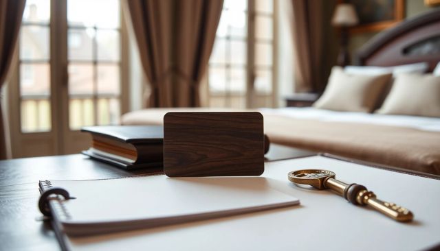 Visuel provisoire : Carte-clé en bois foncé sur un bureau de chambre d'hôtel, avec une clé en laiton