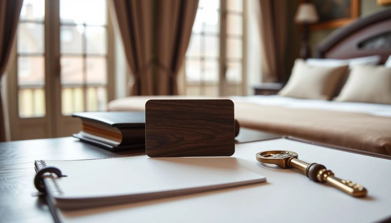 Visuel provisoire : Carte-clé en bois foncé sur un bureau de chambre d'hôtel, avec une clé en laiton