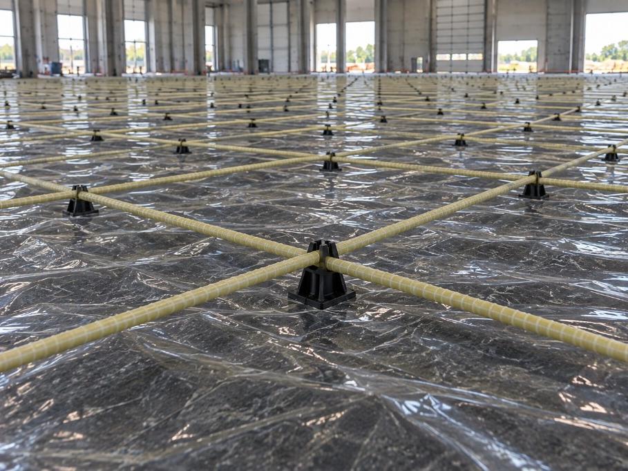 Glass-fibre reinforcement mesh installed for an industrial concrete floor