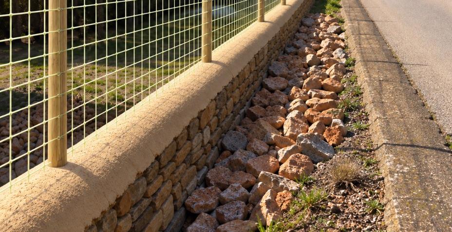 Glass-fibre mesh fencing installed along a roadside property boundary
