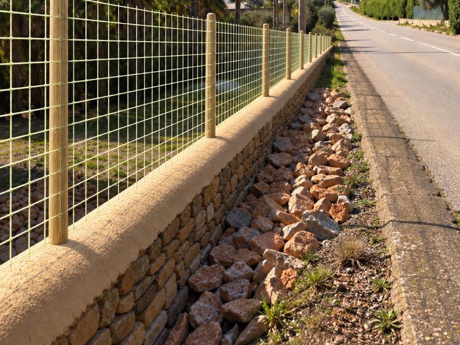 Glass-fibre mesh fencing installed along a roadside property boundary