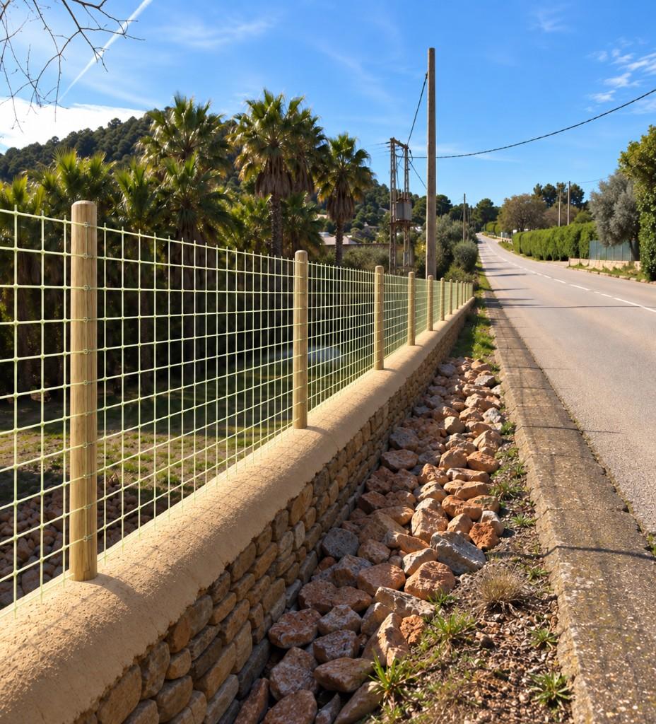 Glass-fibre mesh fencing installed along a roadside property boundary