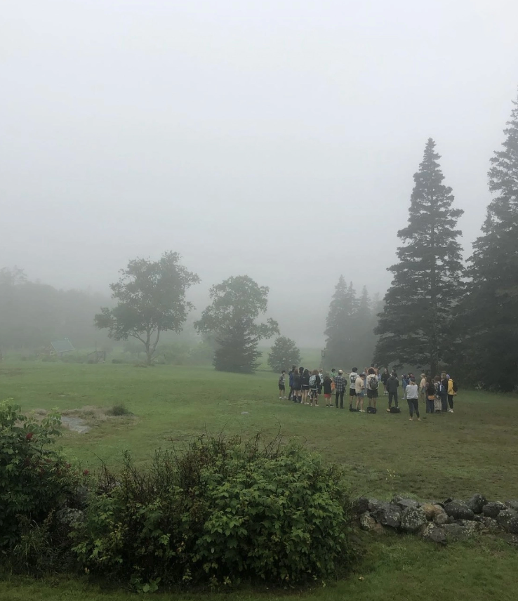 A group of twenty or so youth gathered together in a clearing next to several tall pine trees. It is foggy, and there is a rock wall in the foreground.