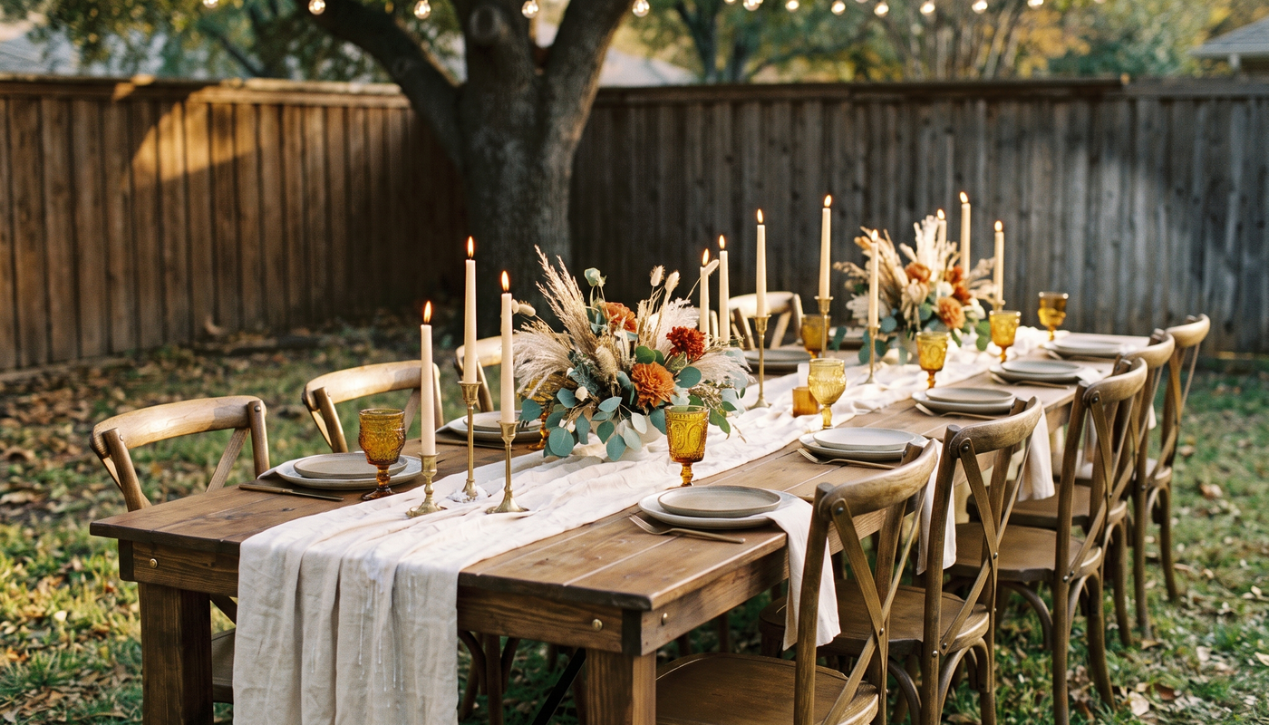 Long wooden farm table set for a fall dinner party in a backyard at golden hour, with taper candles, amber glassware, dried-grass centerpieces, and string lights overhead