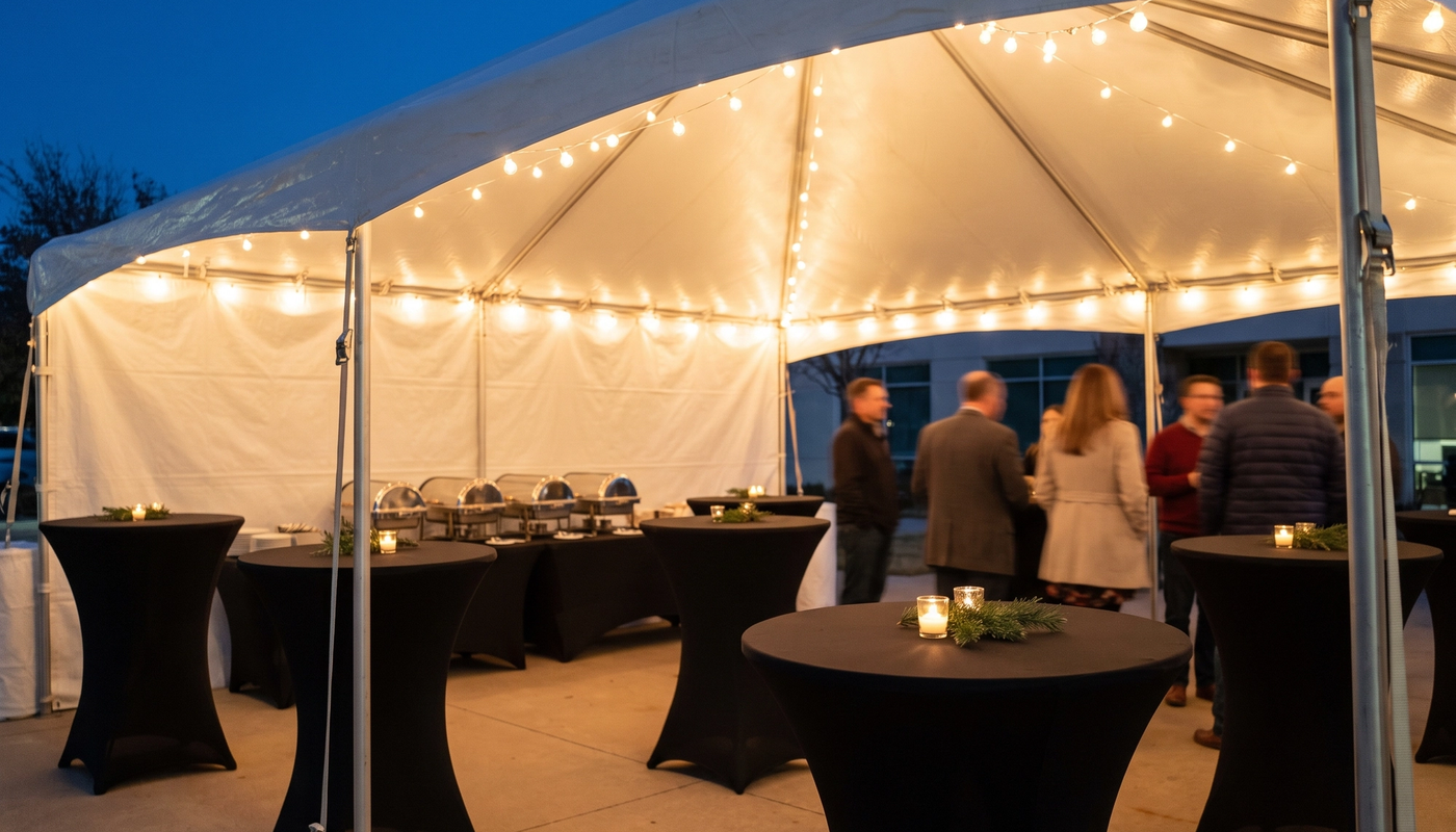 Company holiday party at dusk under a white frame tent with string lights, black cocktail tables with candles and evergreen, and coworkers in coats