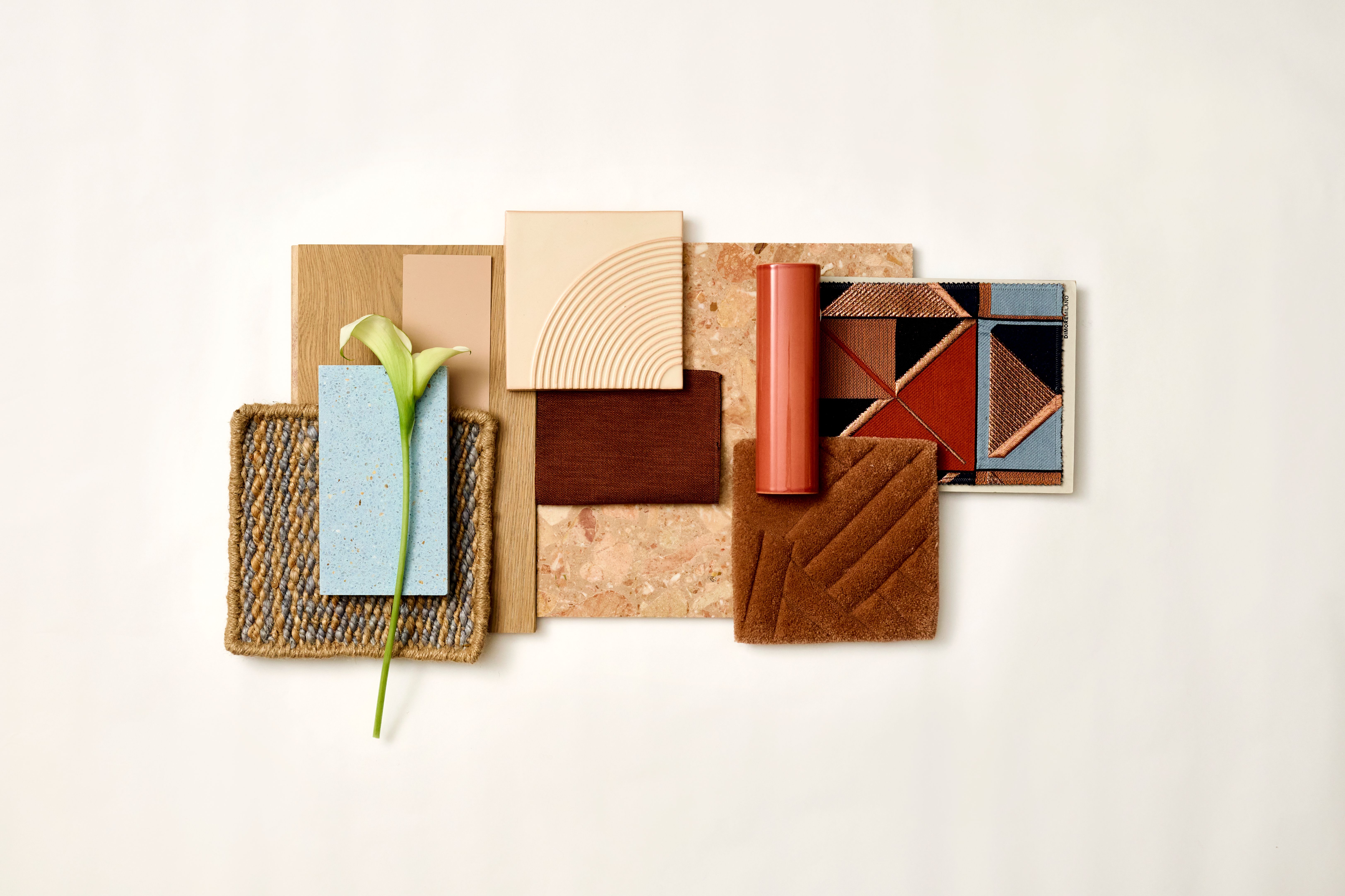 Ein großzügig präsentiertes Arrangement aus hochwertigen Material- und Oberflächenmustern im Stephanie-Thatenhorst-Design; professionell kuratiertes Moodboard