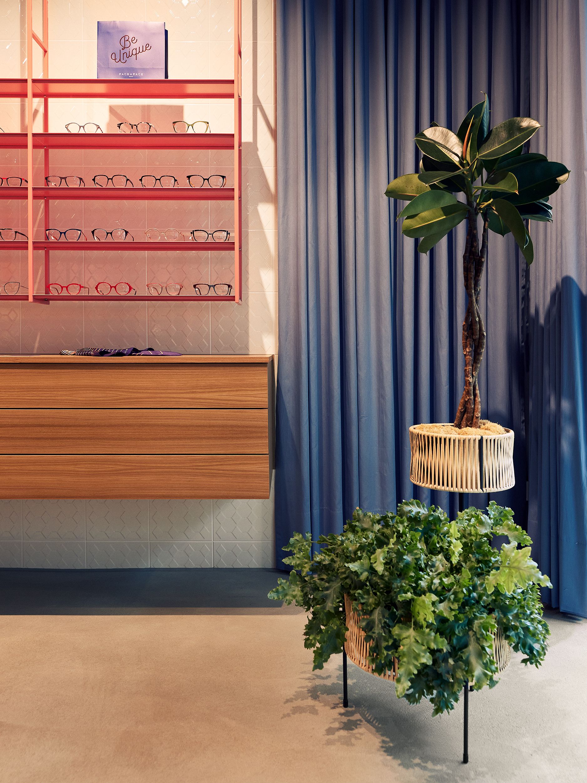 Die grüne Pflanzeninstallation vor den eleganten Brillenboards wurde von Stephanie Thatenhorst für Christian Bartels Optik designt.