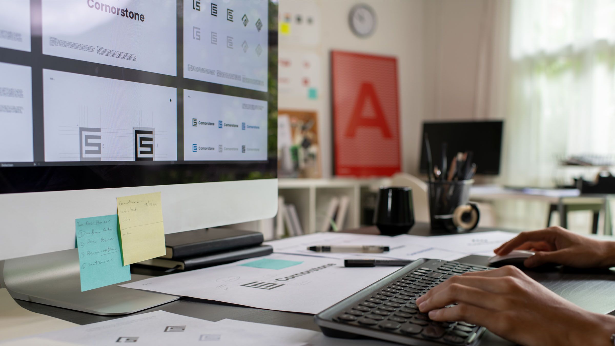 Graphic designer sat at a computer designing logo ideas