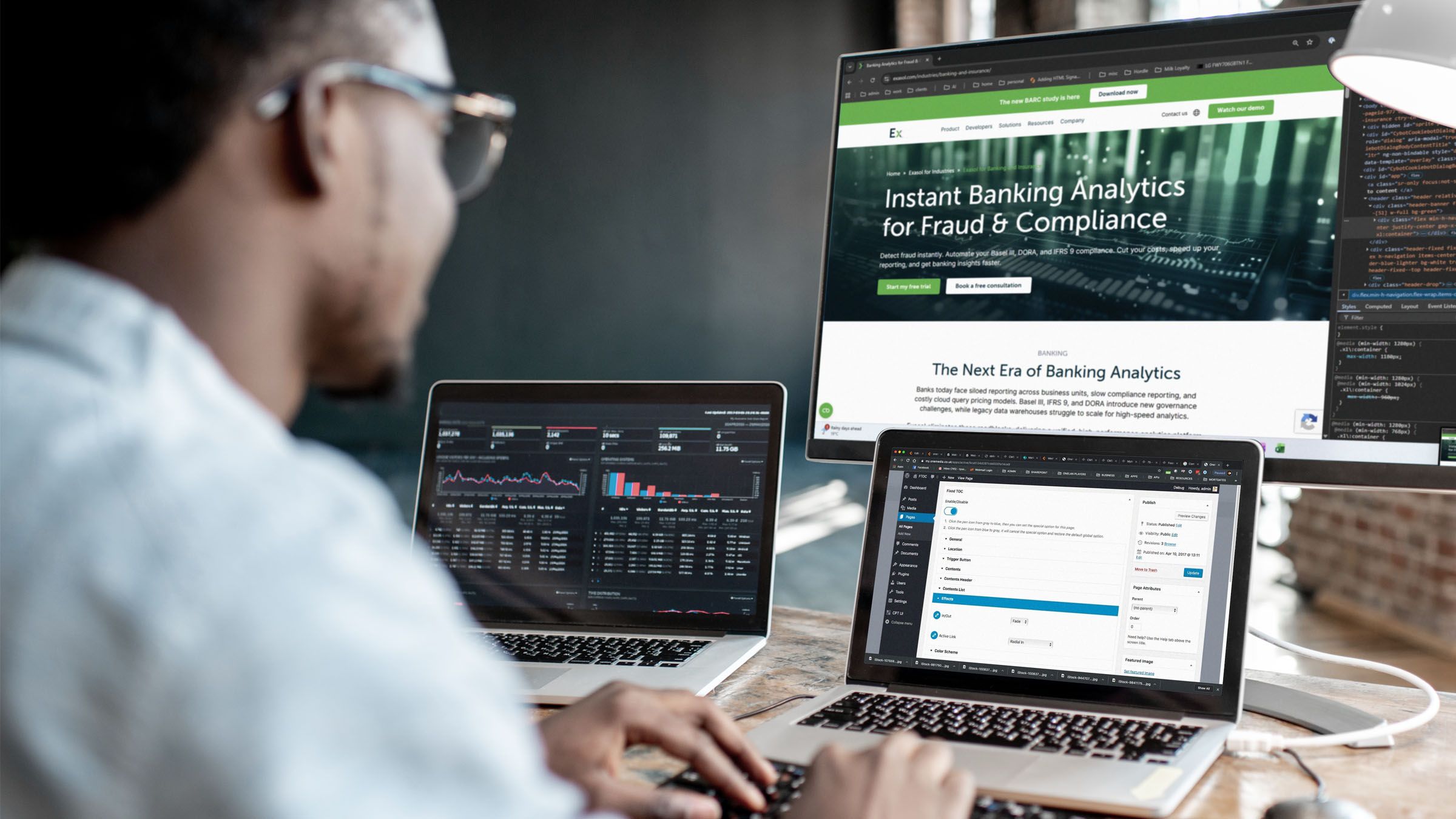 Man designing and developing a website on 3 differing screens
