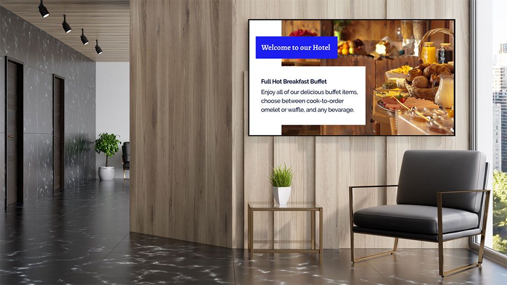 Modern digital signage display showing vibrant content in a corporate environment