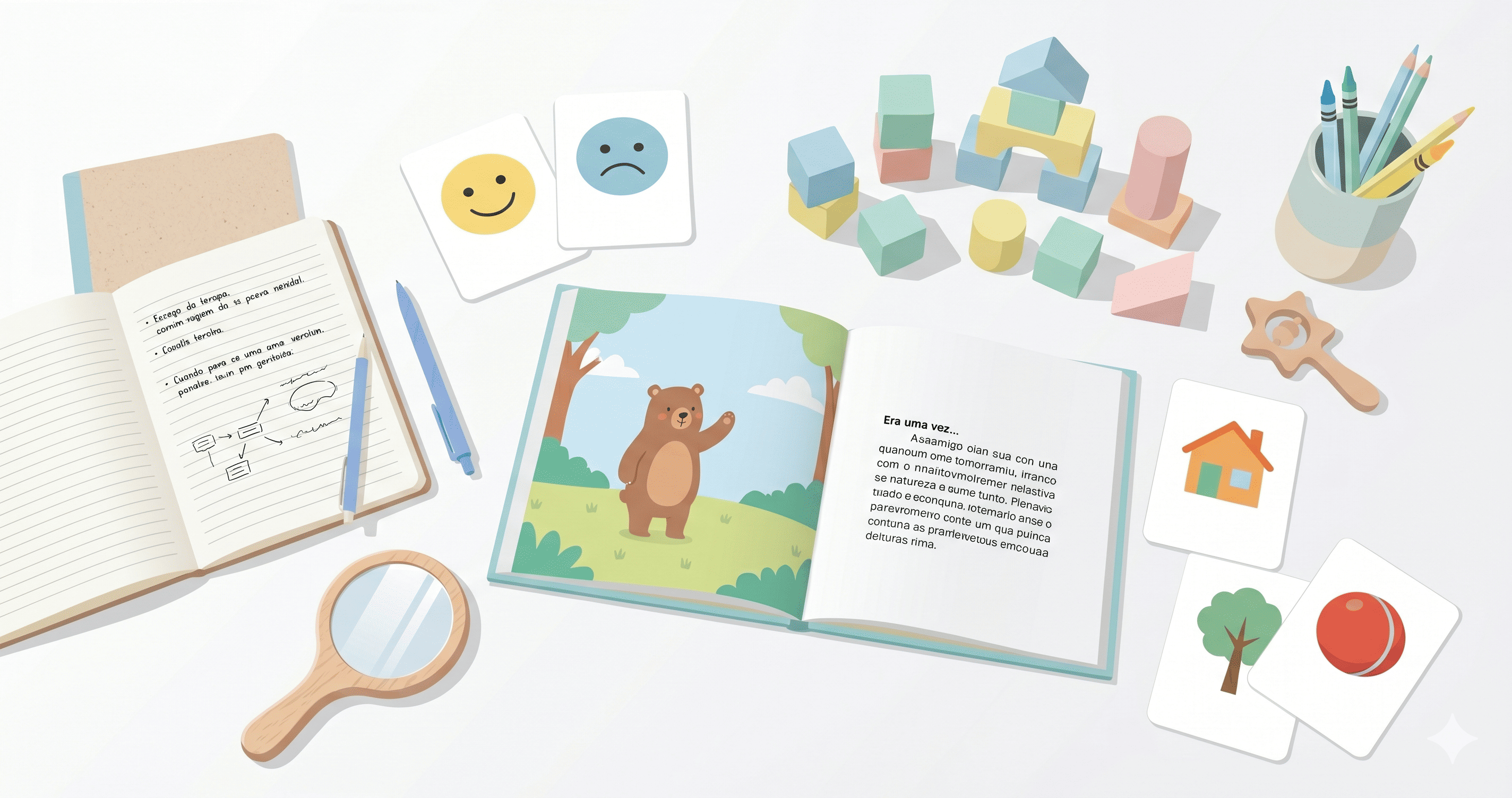 Mesa de consultório com brinquedos terapêuticos coloridos, livros infantis e instrumentos de avaliação fonoaudiológica