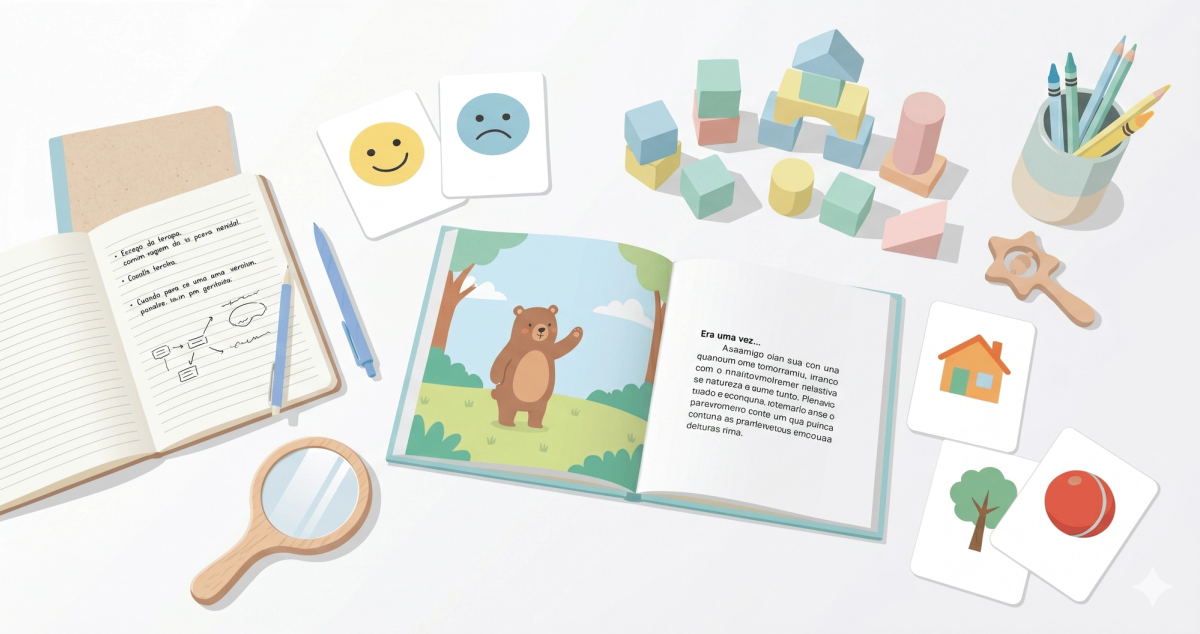 Mesa de consultório com brinquedos terapêuticos coloridos, livros infantis e instrumentos de avaliação fonoaudiológica