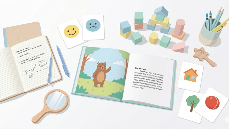 Mesa de consultório com brinquedos terapêuticos coloridos, livros infantis e instrumentos de avaliação fonoaudiológica