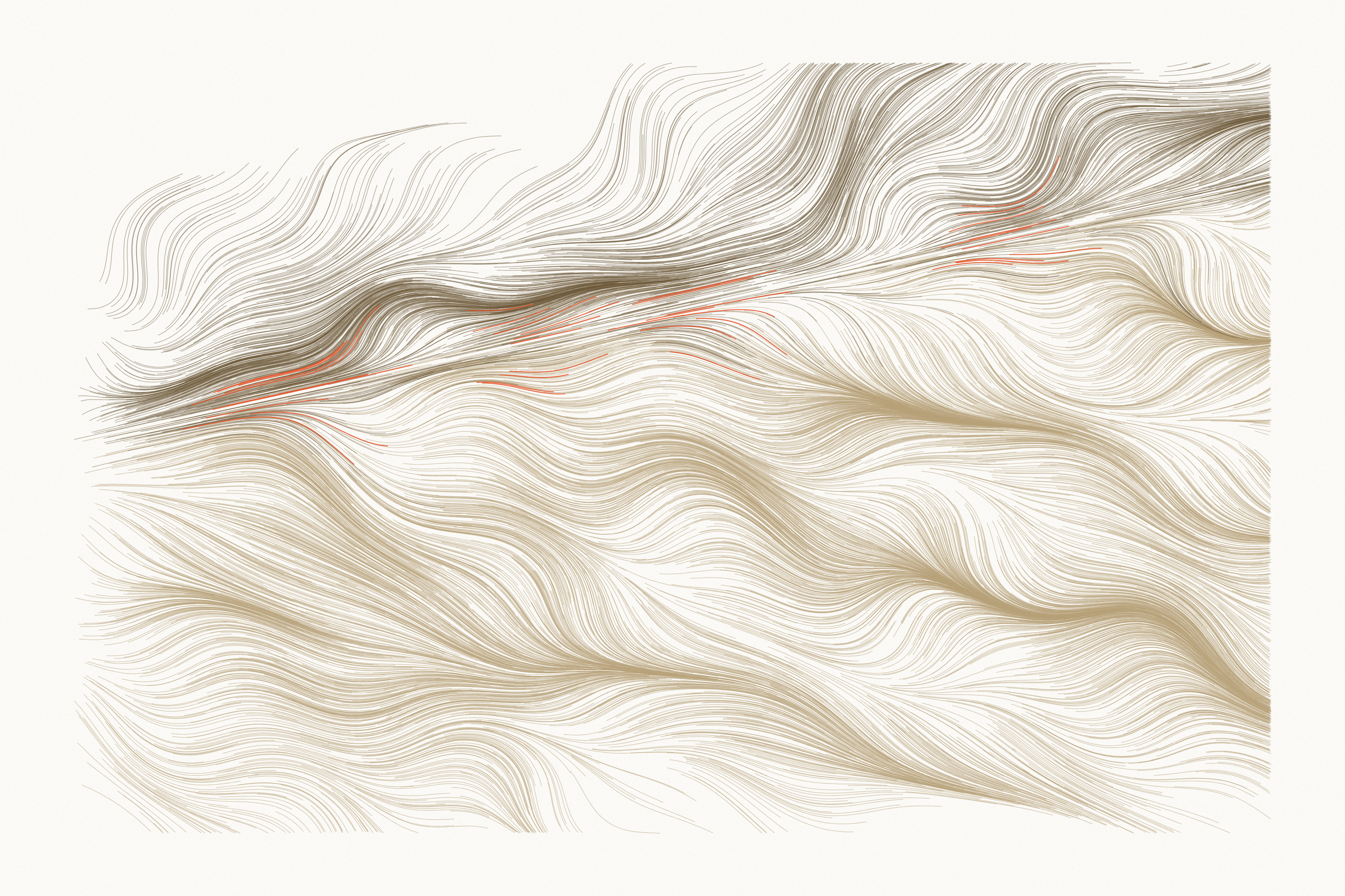 Thousands of fine sand-colored lines flow left to right. Along a fault rising from left to right, a darker upper band lifts away while the broad lower mass bends downward, with a few orange strands along the fault.