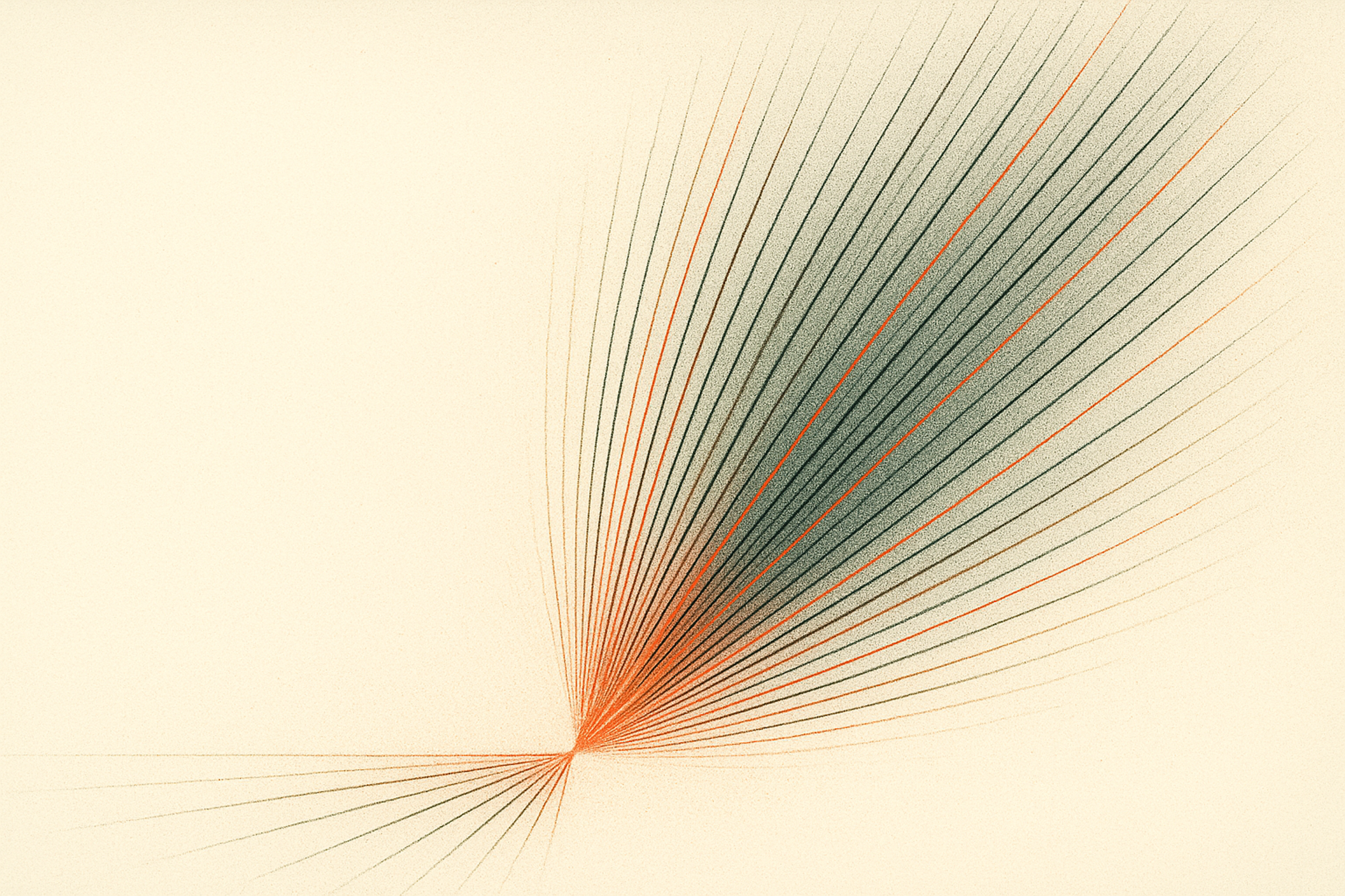Dozens of fine black, orange, green, and red lines rise and fan outward from a narrow point into a wide band across an off-white field.