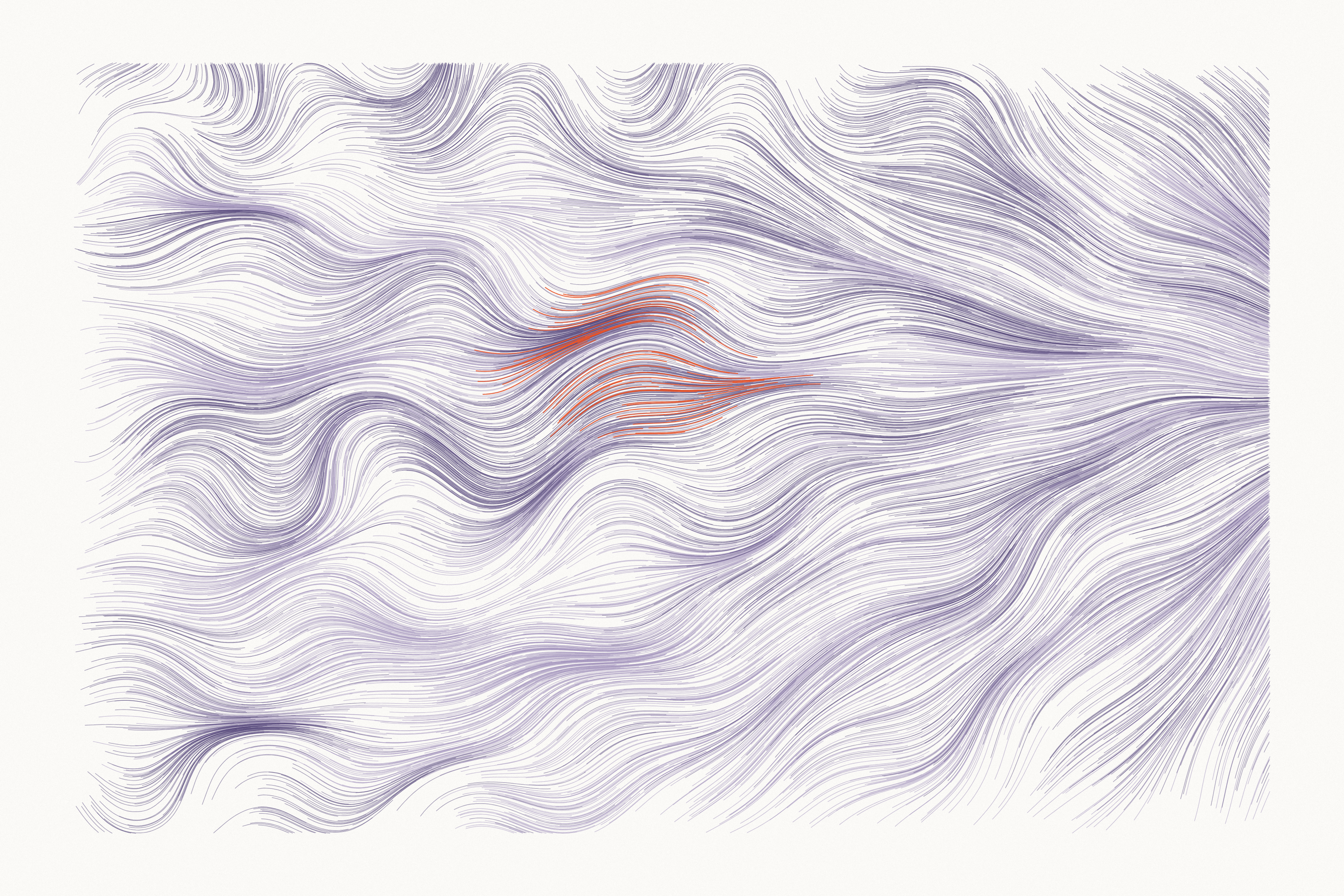 Fine lilac lines flow from a choppy left side and draw together toward one point on the right, with a few orange strands near the center.