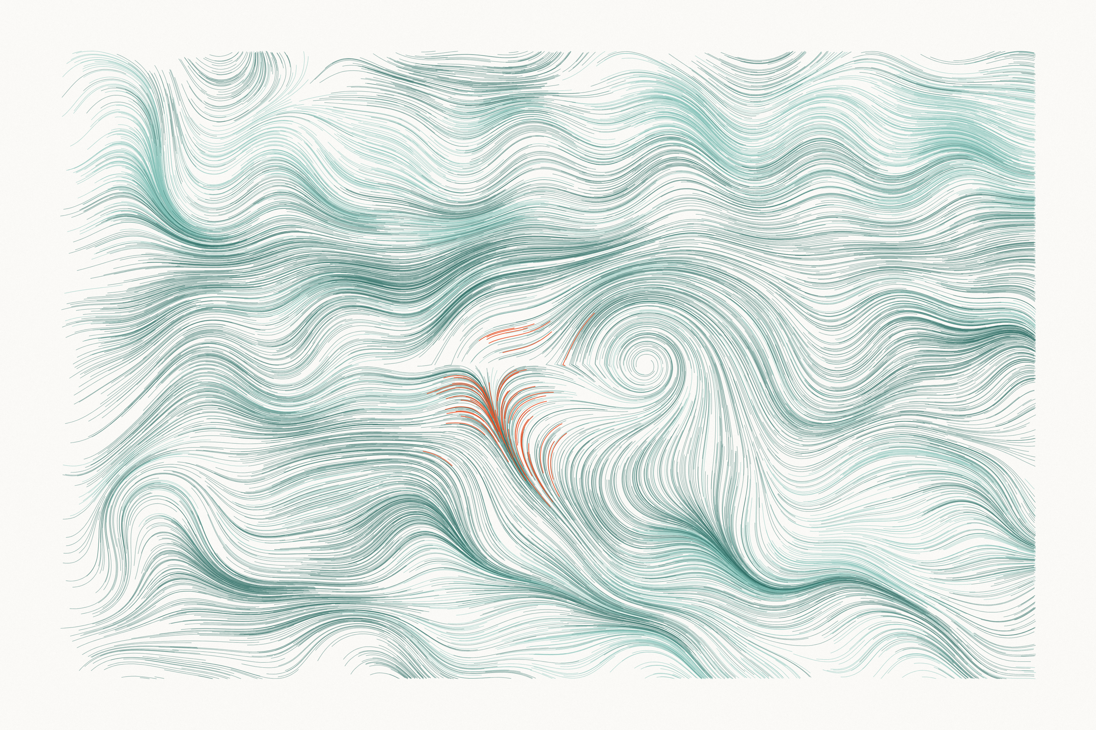 Fine teal lines flow left to right and curl into a spiral right of center, with a few orange strands flowing into it.