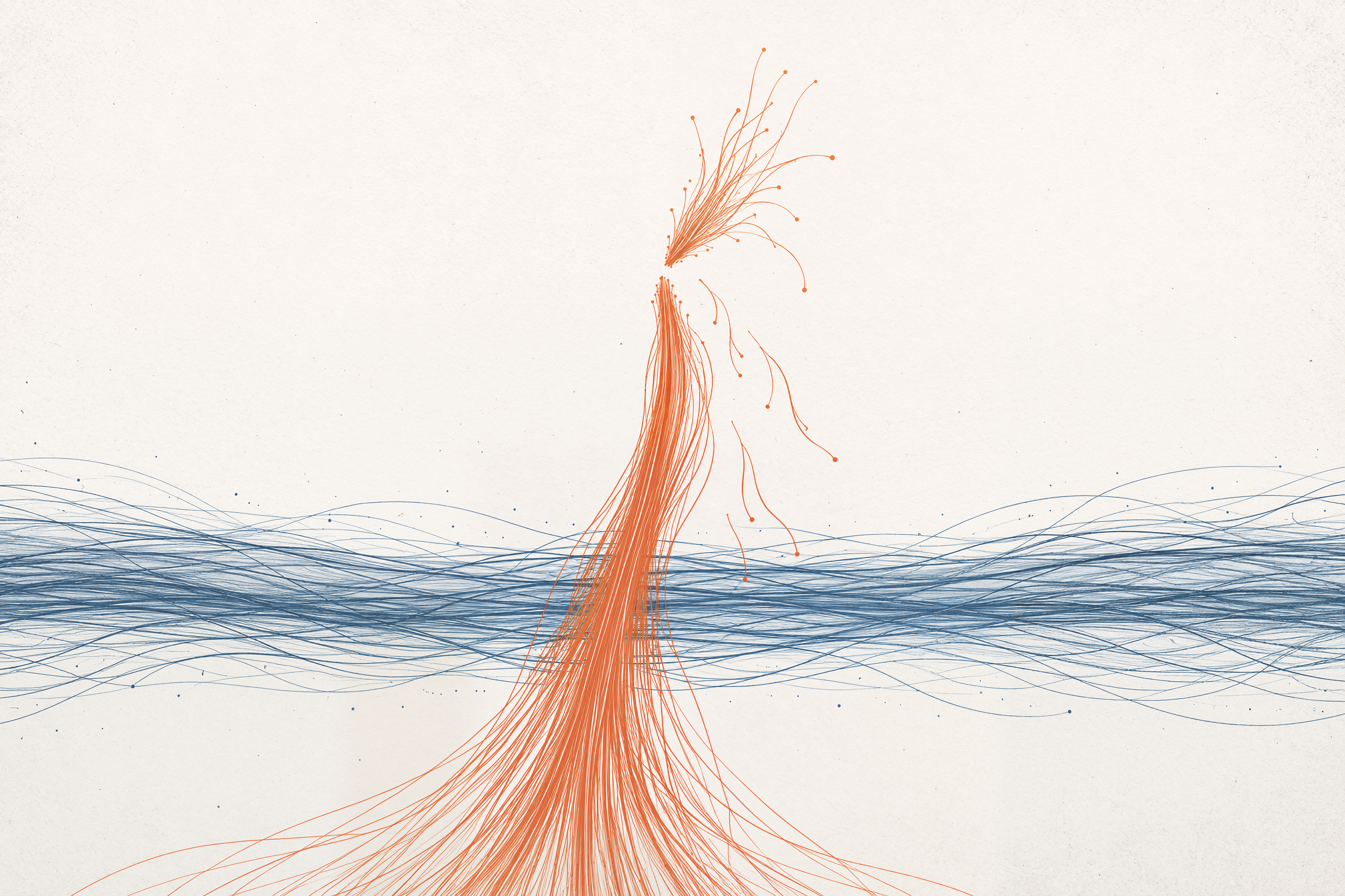 A tall orange bundle of fine lines snaps into fraying strands above a continuous horizontal band of slate-blue and deep-slate lines on warm off-white paper.