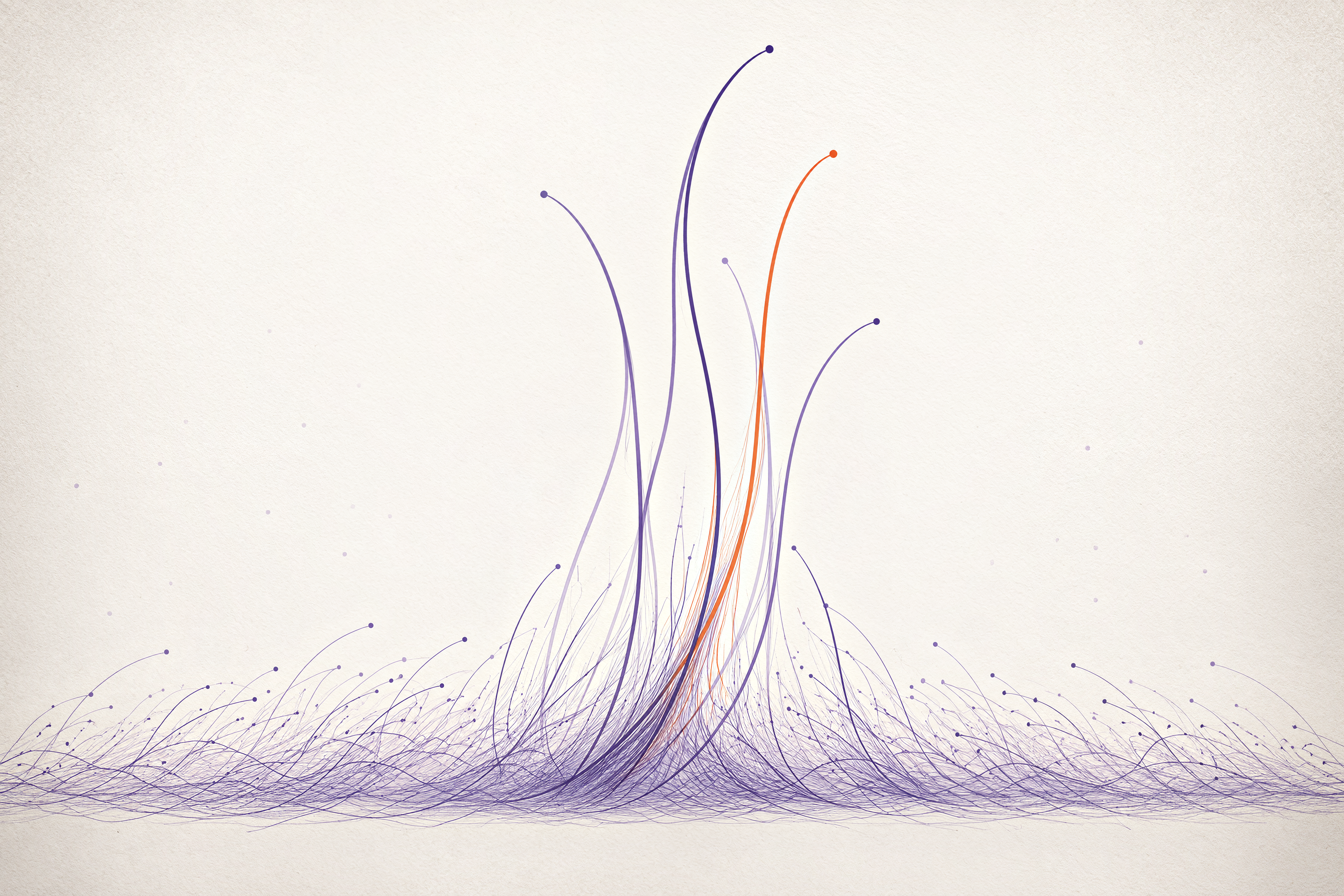 A few tall deep-lilac and orange filaments rise above a wide, low field of fine lilac strands on warm off-white paper.