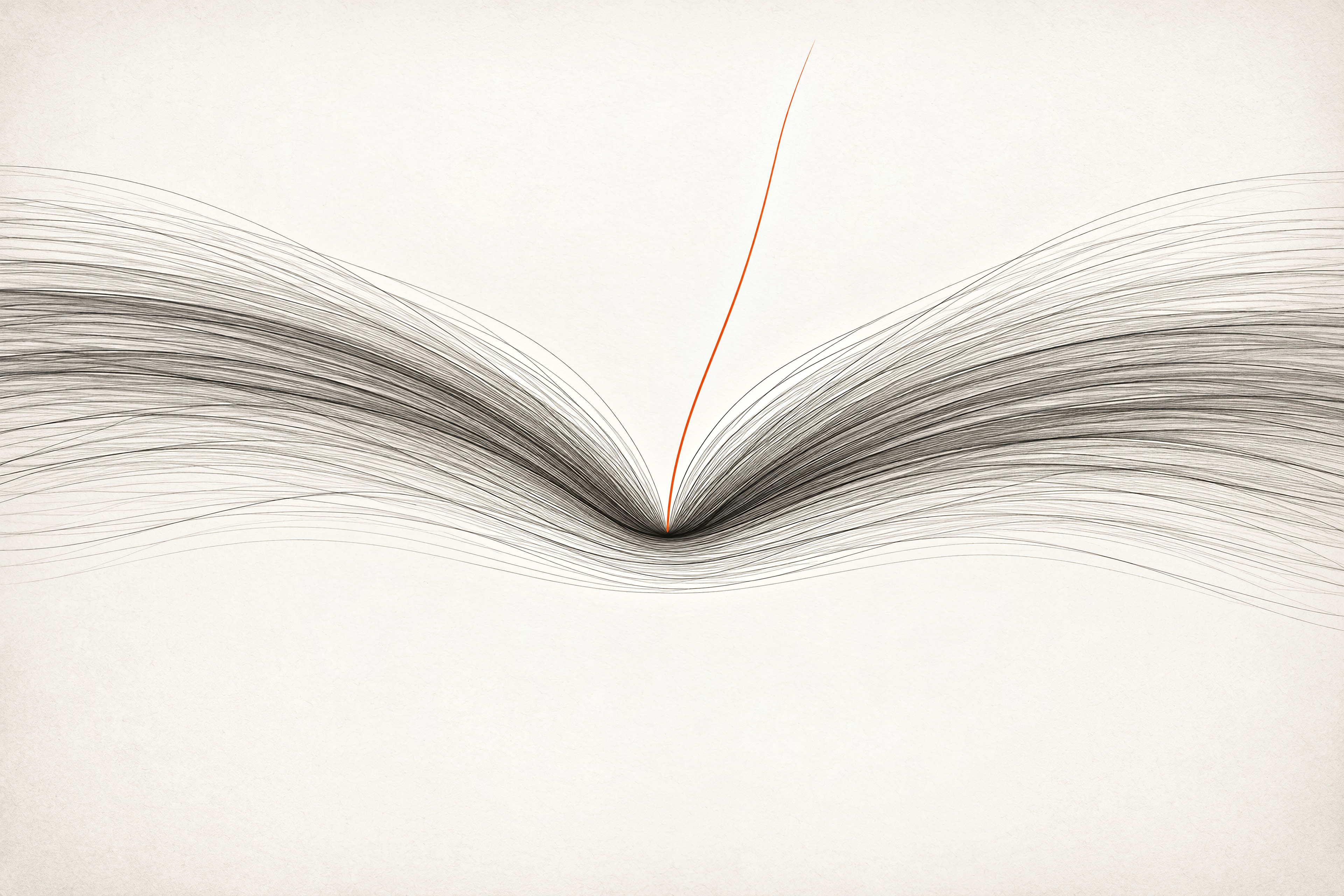 A broad band of fine warm-grey lines bows downward into a tight central pinch, with one thin orange strand rising steeply from it on off-white paper.
