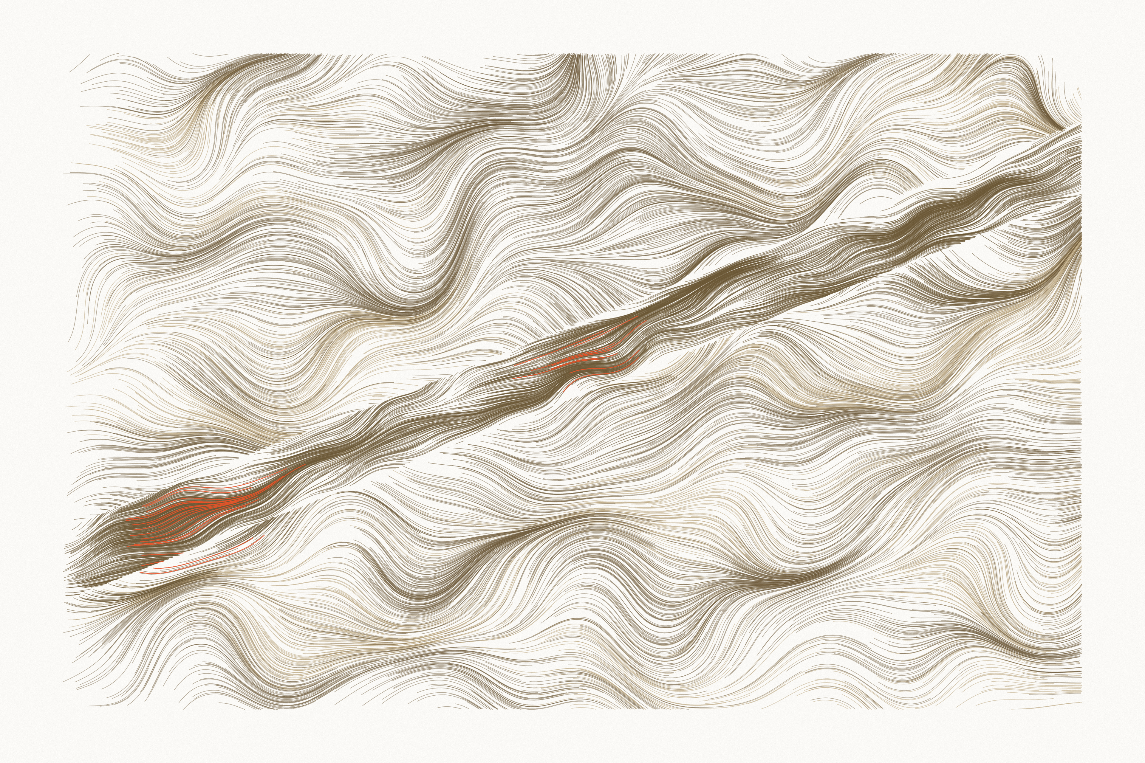 Fine sand-colored lines ripple left to right while a dense, darker lane climbs diagonally from lower left to upper right, with a few orange strands inside it.