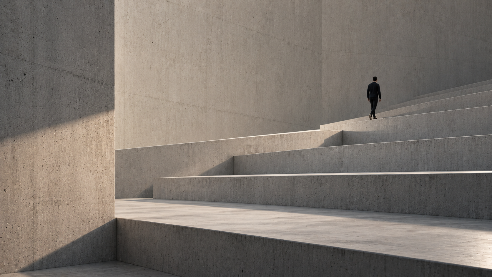 A person ascending broad concrete steps.
