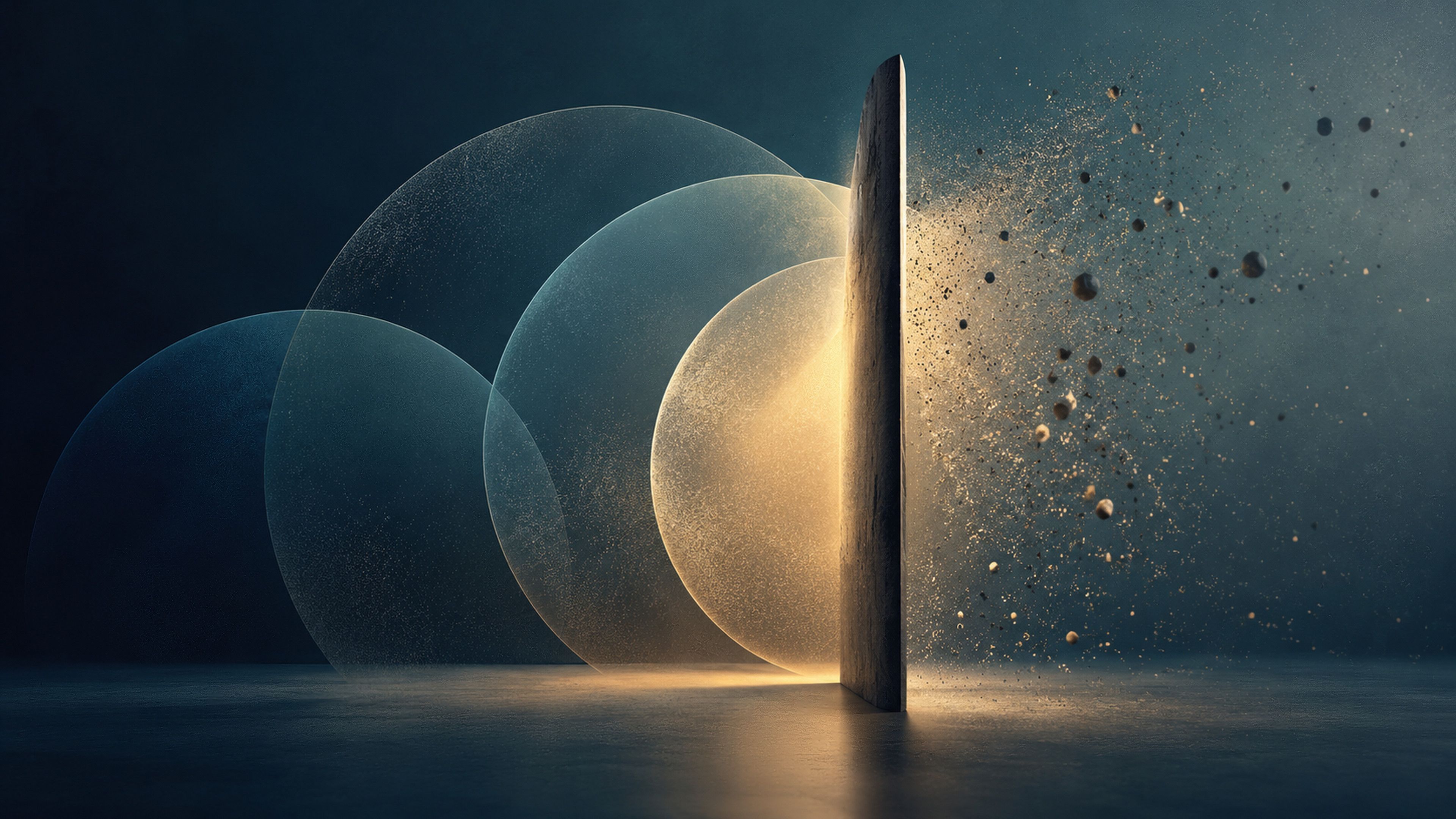 A narrow stone slab stands upright on a dark floor, blocking overlapping translucent discs on one side from scattered particles on the other