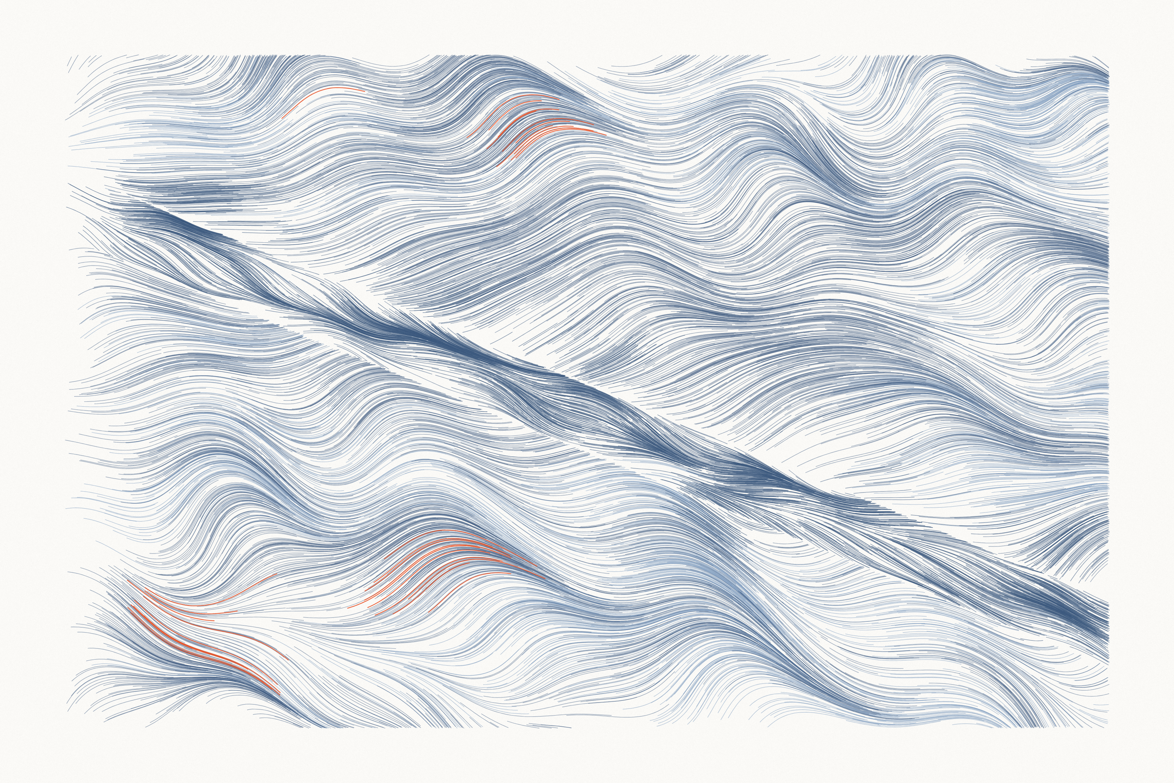 Fine slate-blue lines flow left to right while a dense, darker lane falls diagonally from upper left to lower right, with a few orange strands elsewhere in the field.