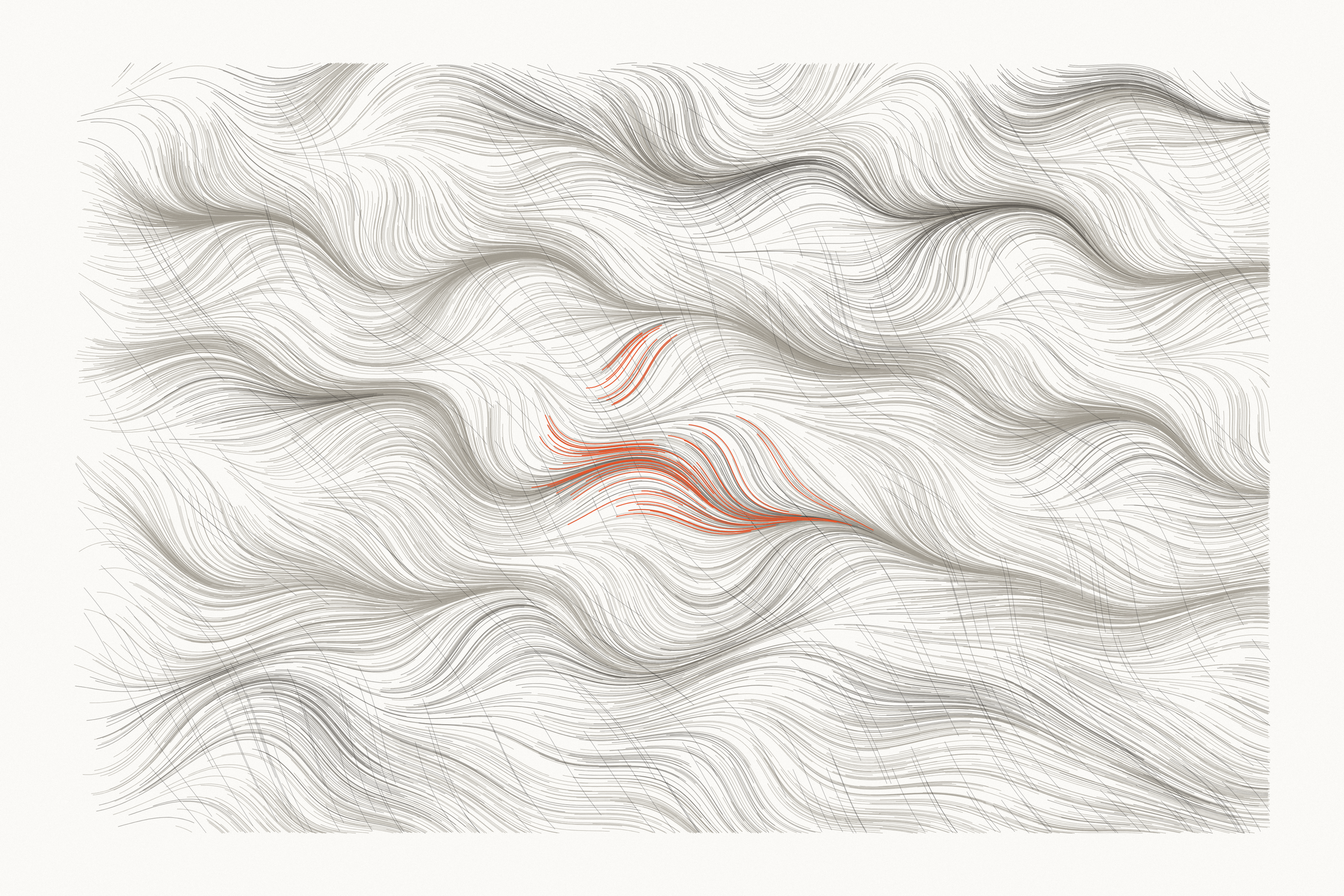 Fine stone-gray lines roll left to right in long waves while darker strokes slant down across them like rain, with a few orange strands near the center.