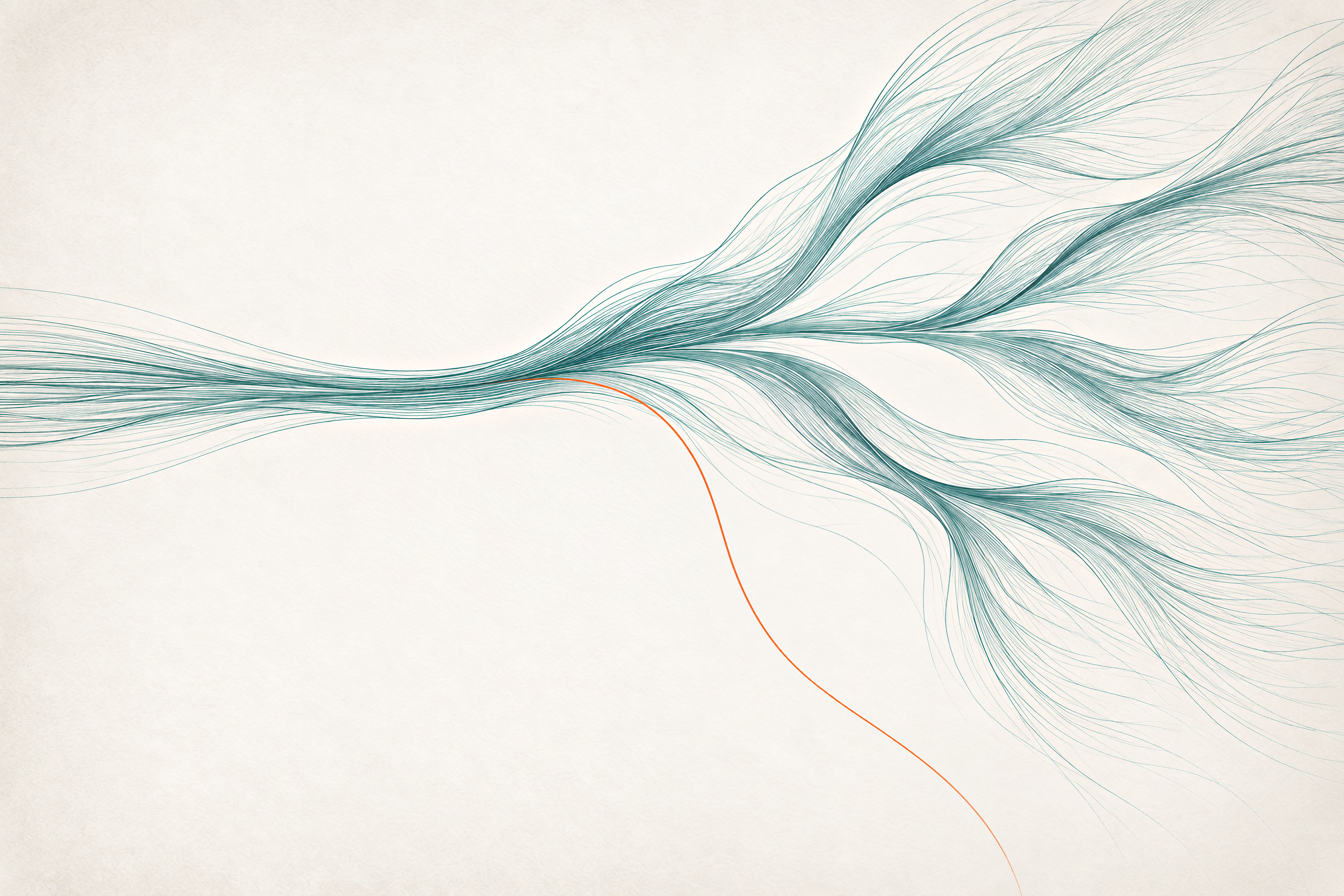 Fine teal and deep-teal lines flow from the left into branching streams across warm off-white paper, while one orange strand curves downward and fades off the bottom.