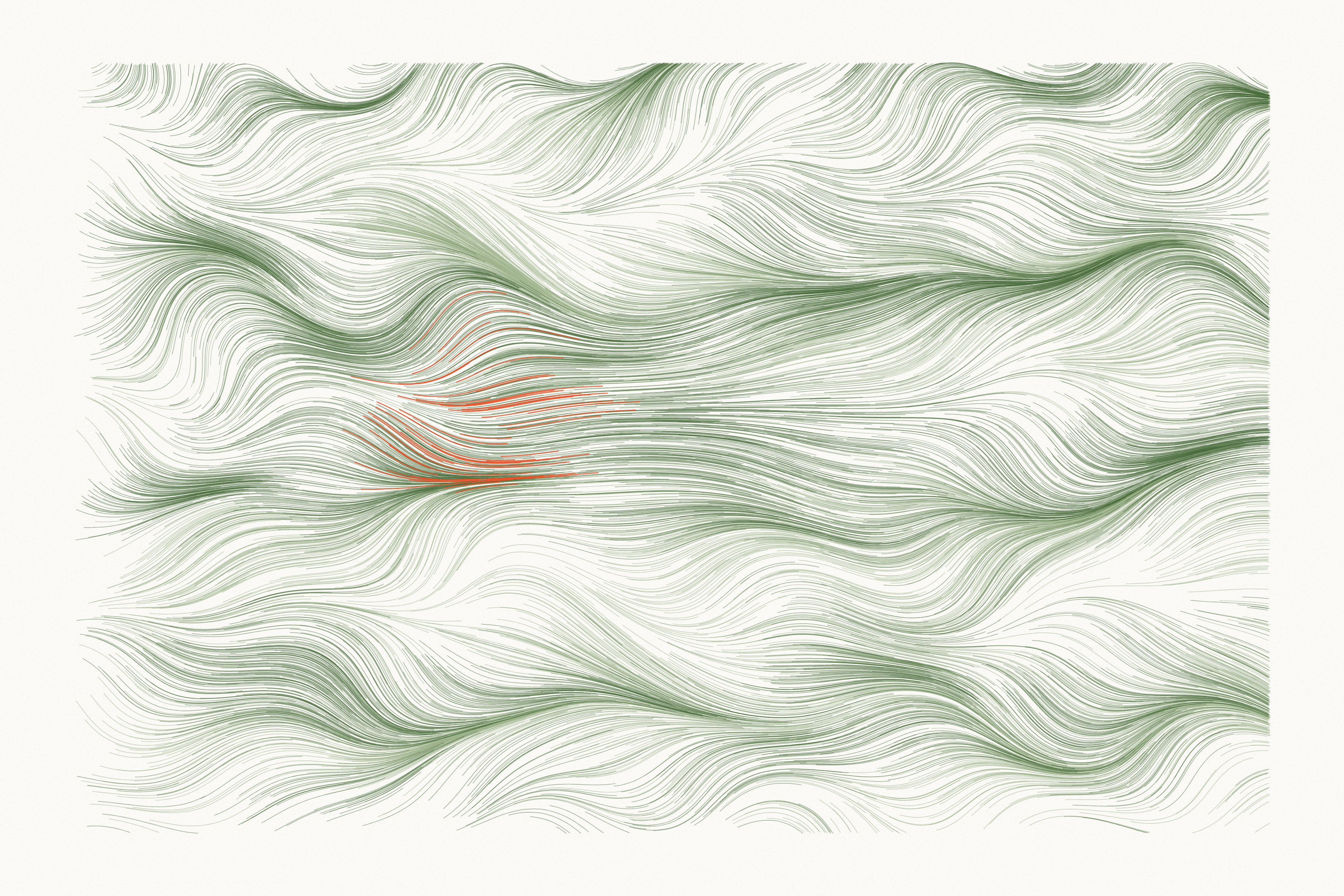 Fine sage-green lines flow left to right and settle into a calm, level patch at the center, with a few orange strands drifting into it.