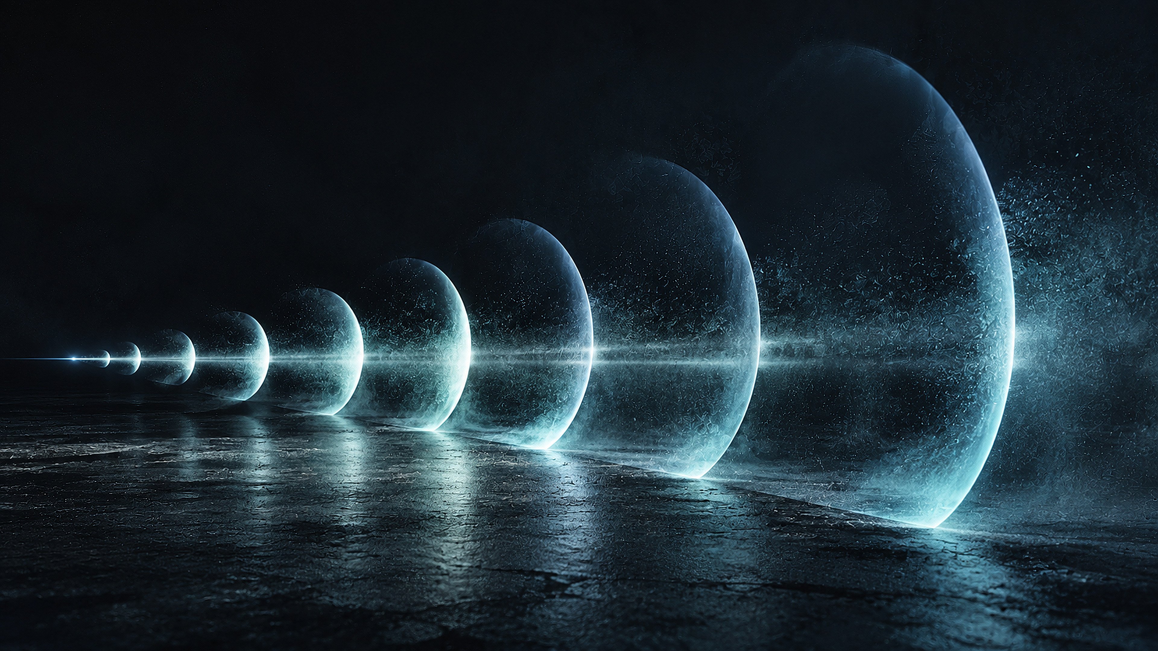 Translucent glowing domes receding in a line across a dark, wet floor.
