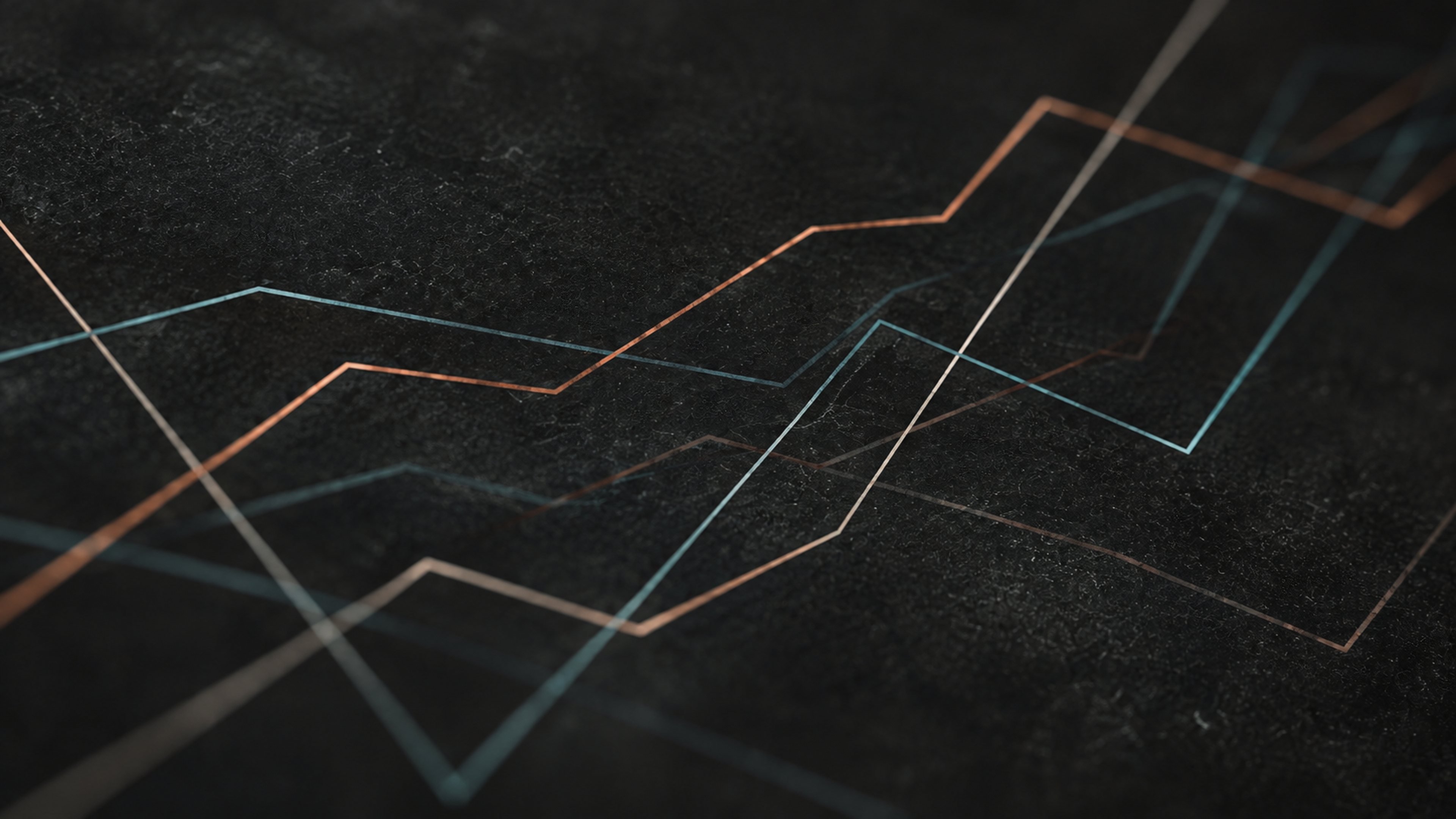 Thin copper, teal and cream chart lines zig-zagging across dark textured stone.