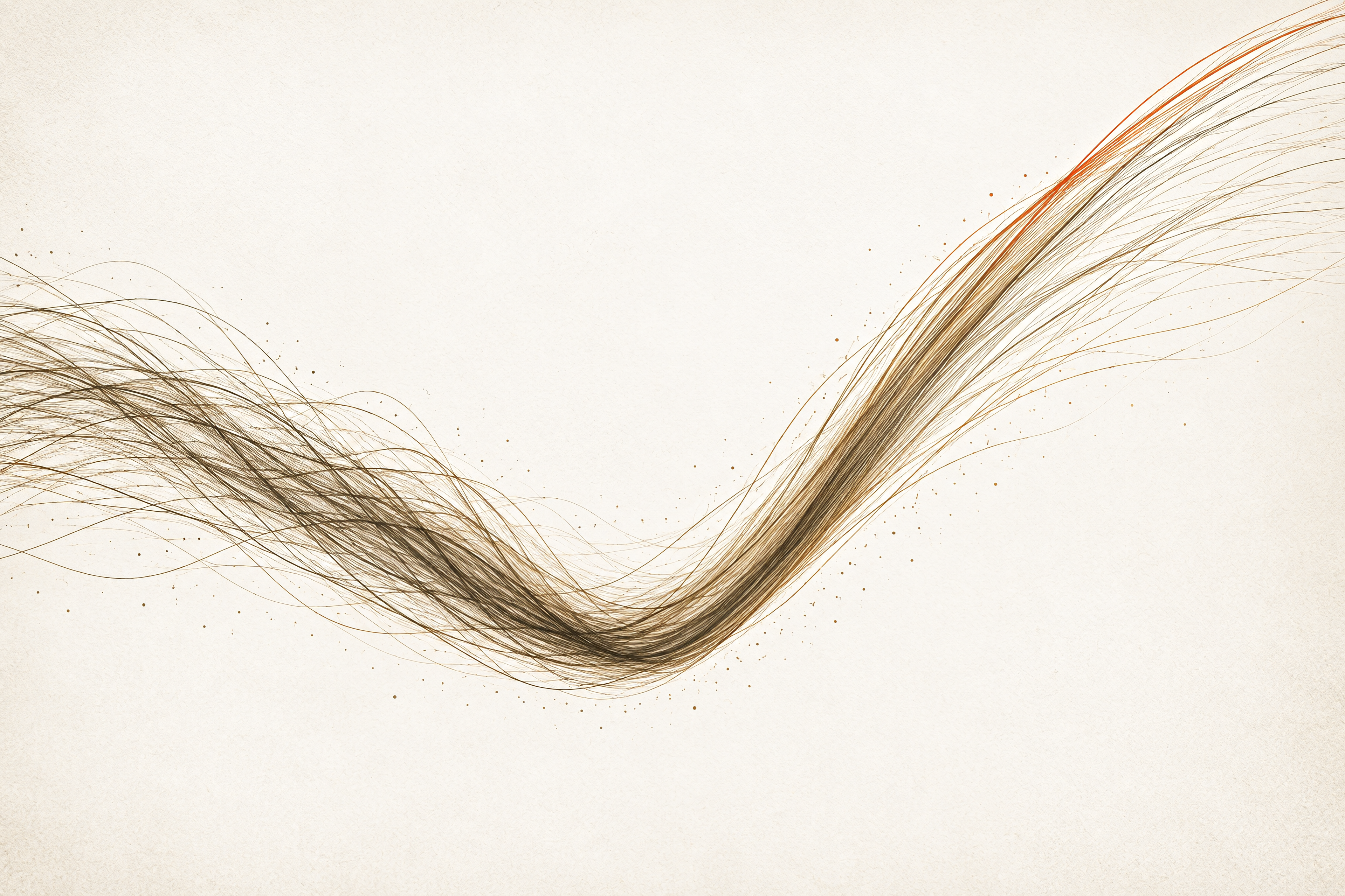 A dense bundle of fine sand and dark ochre lines curves downward just left of centre, then sweeps steeply upward to the right, with a few orange strands along its upper edge on warm off-white paper.