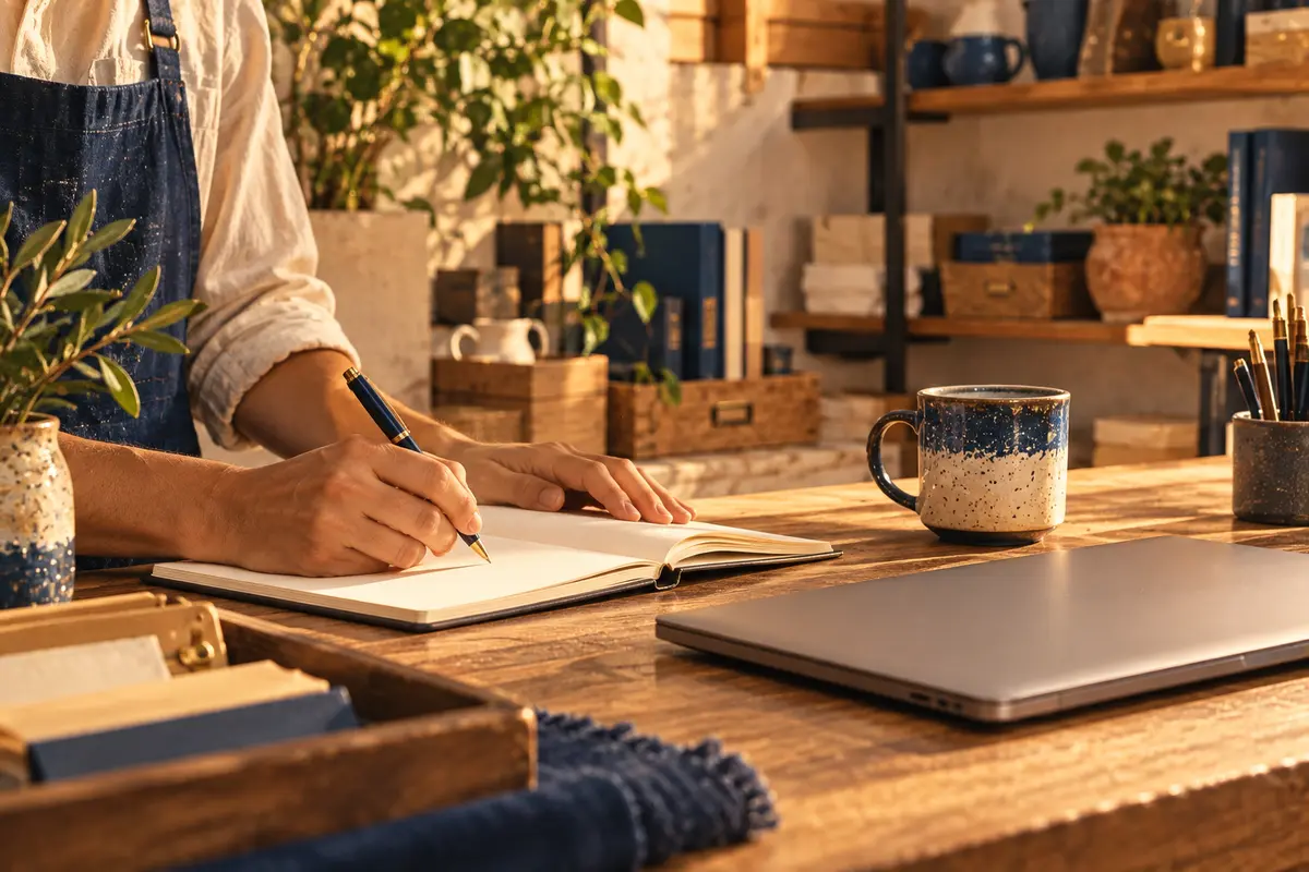 Hands write in a notebook beside a closed laptop.